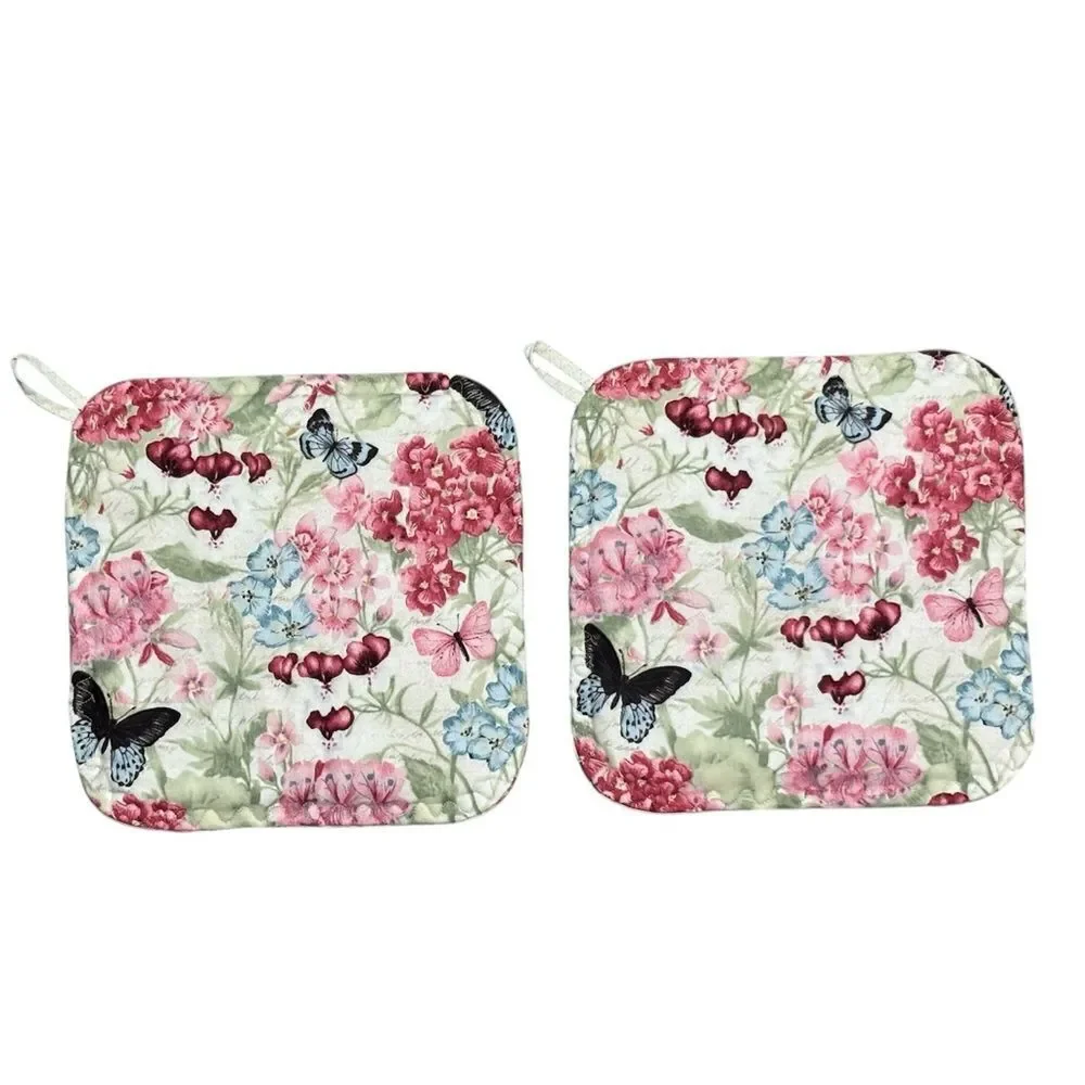 POTHOLDERS, Set of 2, Handmade, Butterflies & Flowers, cream, pink, blue, green